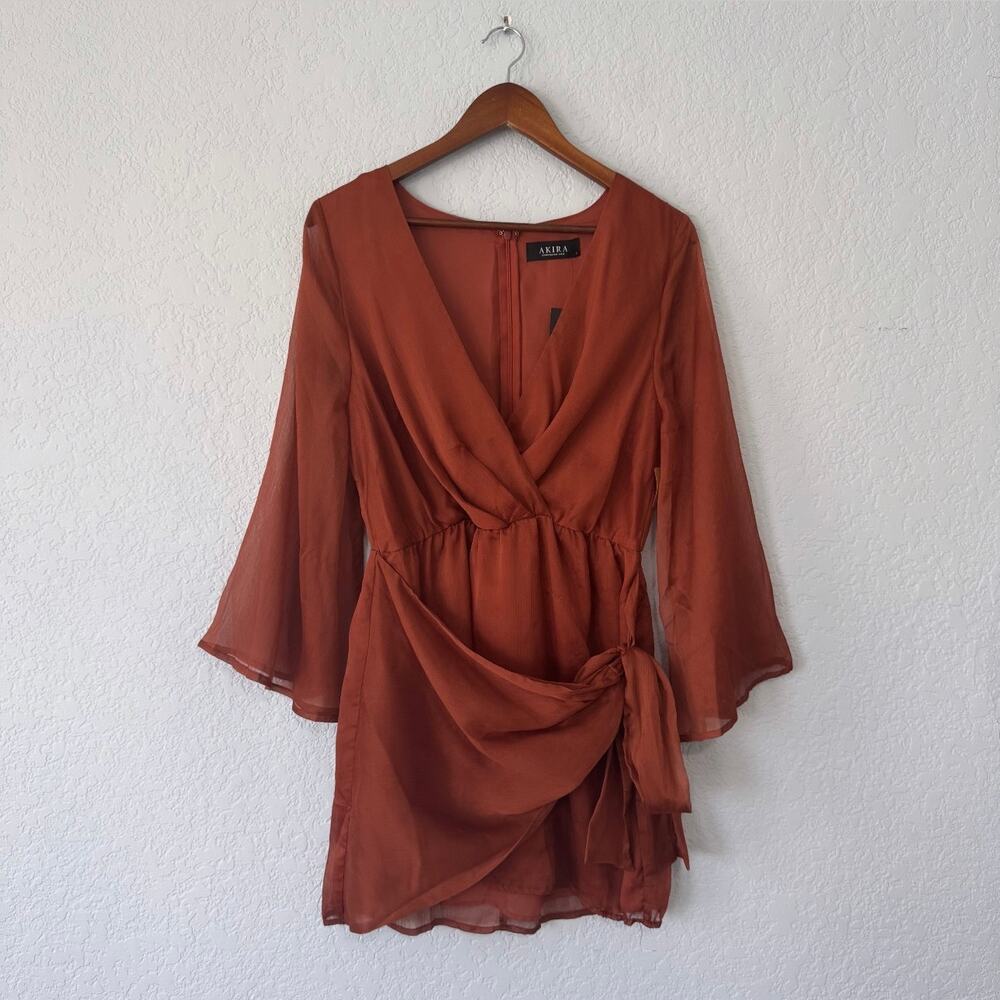 Akira Rust Red Orange Long Sleeve Faux Wrap Dress Size Large